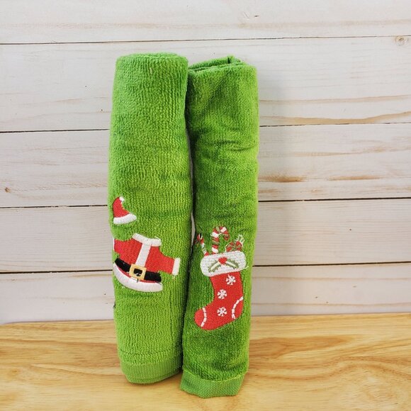 Brand New Christmas Kitchen Towels Santa Suit, Stocking Festive Holiday Set Of 2 - Picture 1 of 9